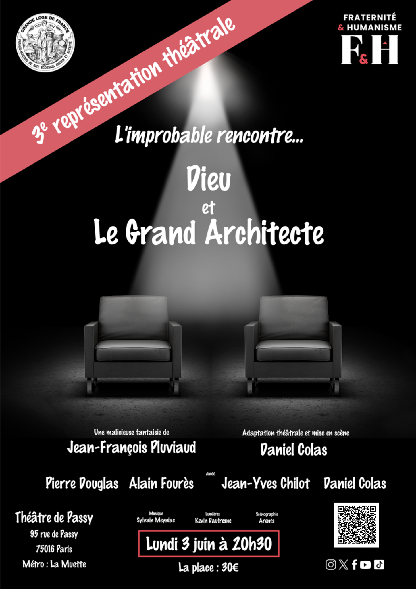Affiche de la pièce de théâtre "Rencontre improbable, DIeu et la Grand Architecte de l'Univers"