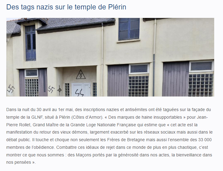 Capture d'écran du site de la GLNF montrant le temple de Plérin, en Bretagne, tagués avec des inscriptions néonazis.