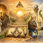 Illustration dessinée représentant le parcours initiatique en Franc-Maçonnerie : initiation symbolique, chemin vers la lumière, fraternité et quête de sagesse au sein d’une loge traditionnelle.