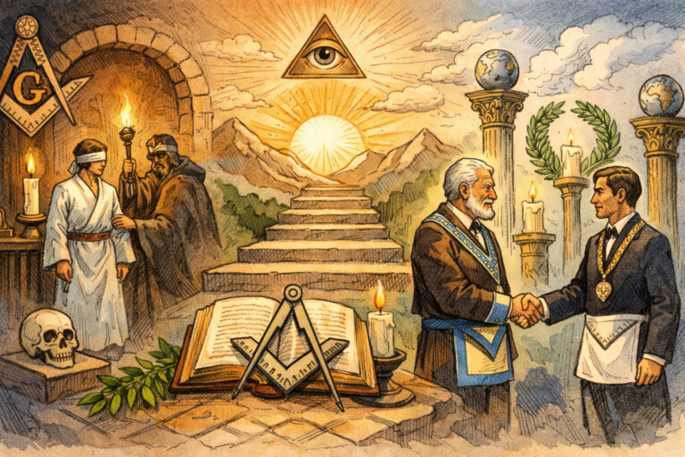 Illustration dessinée représentant le parcours initiatique en Franc-Maçonnerie : initiation symbolique, chemin vers la lumière, fraternité et quête de sagesse au sein d’une loge traditionnelle.